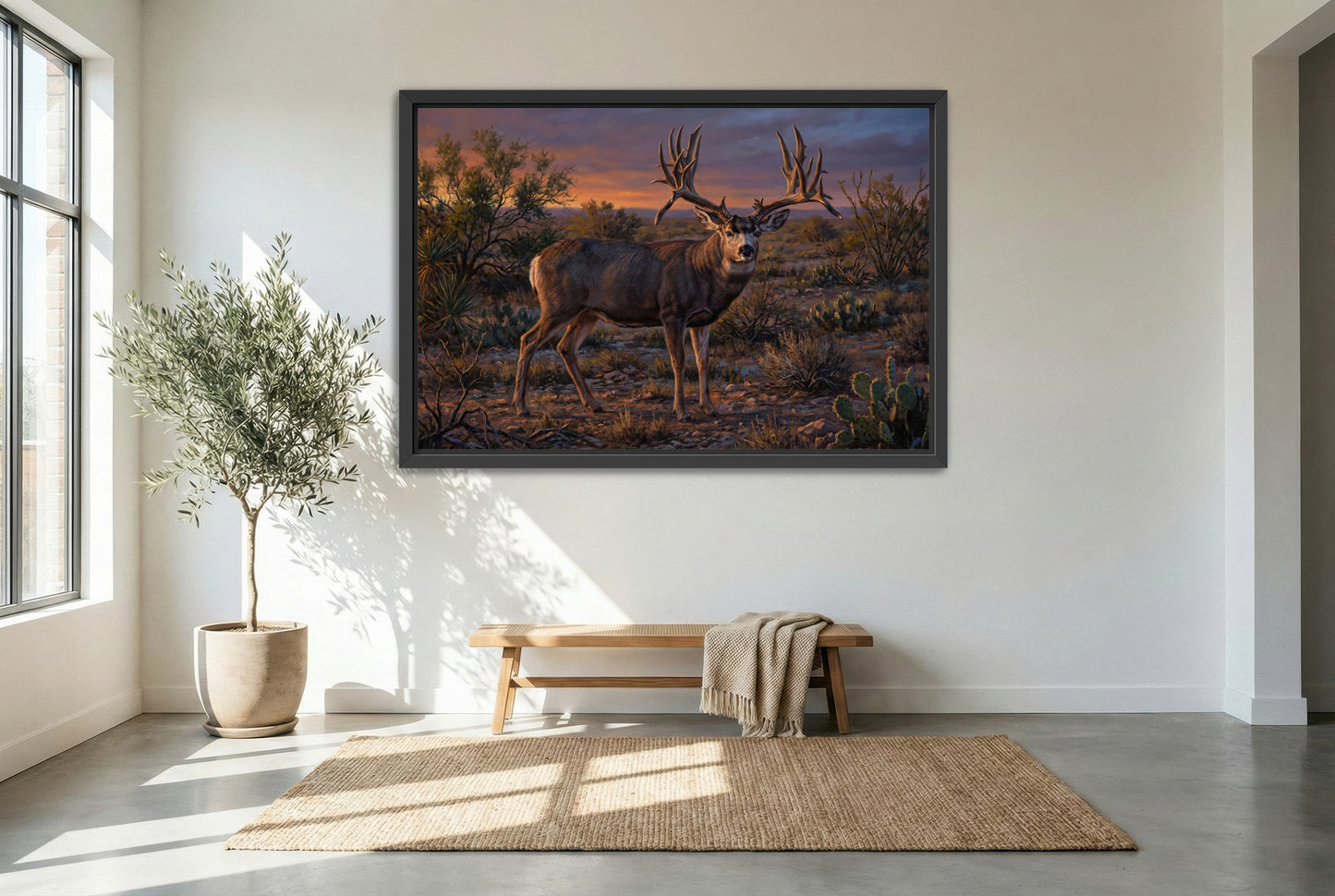 Black floating framed canvas art of Greg Simons buck from Culberson County