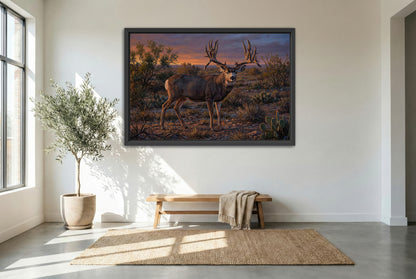 Black floating framed canvas art of Greg Simons buck from Culberson County