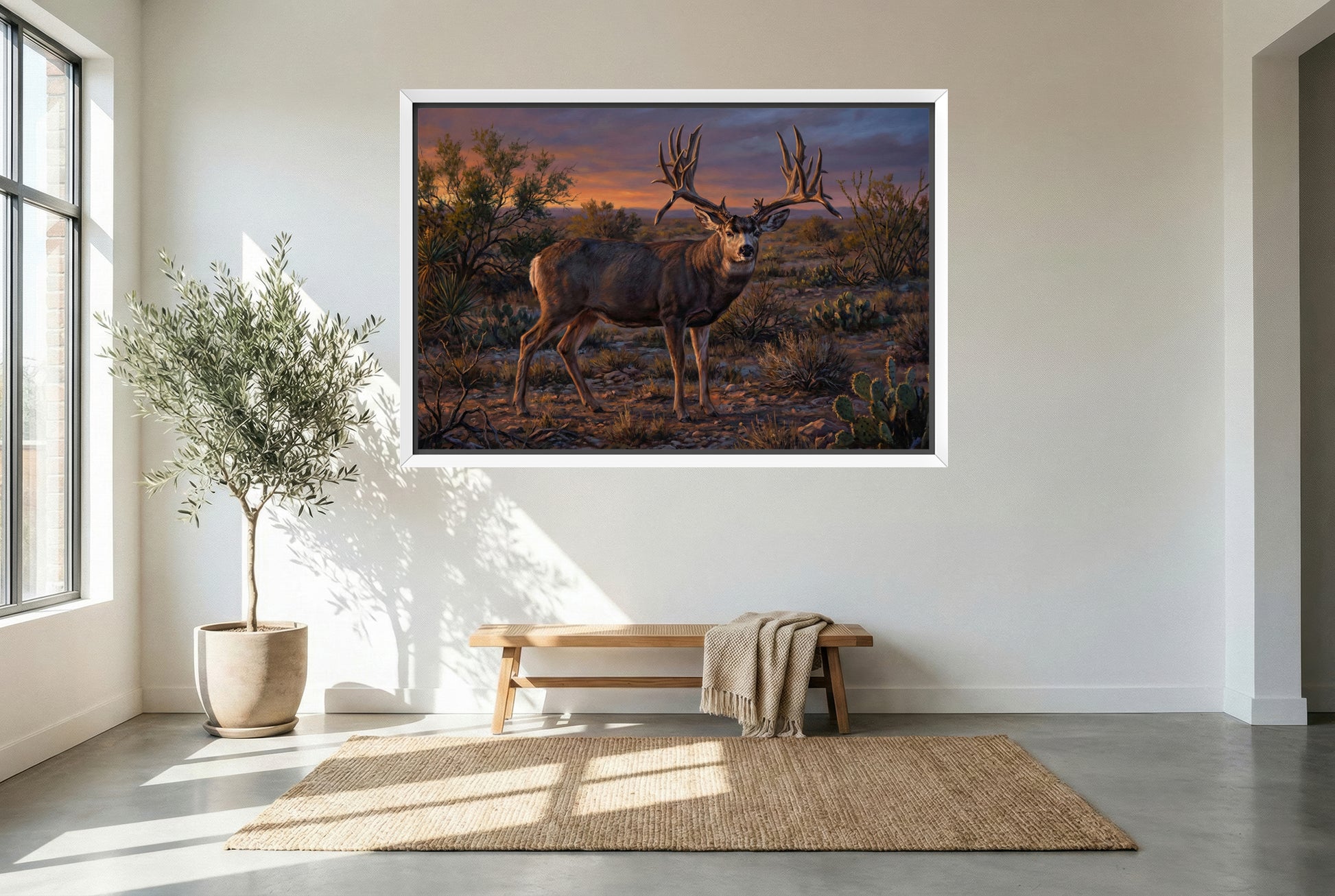 White framed canvas print of massive 27 point non typical mule deer decor