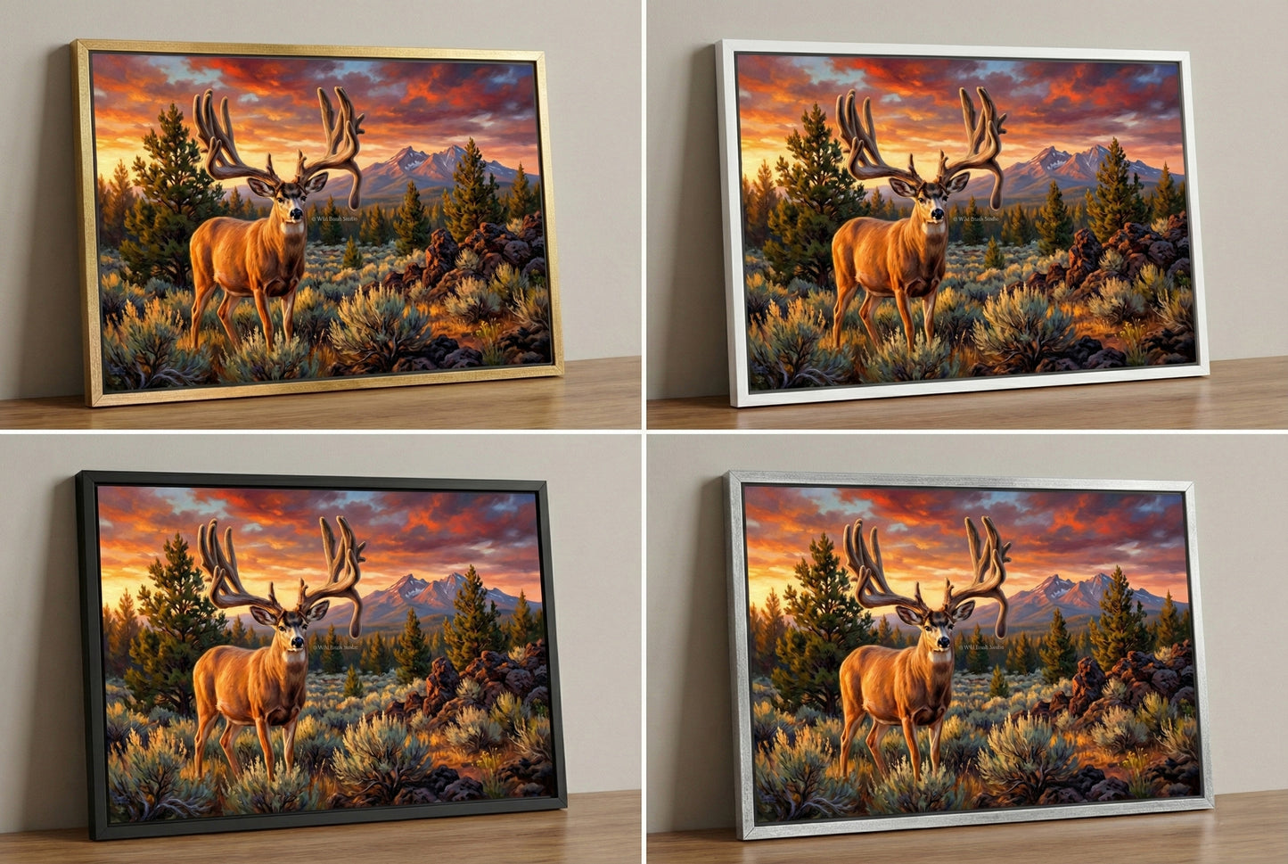 canvas big game artwork of the Buck Norris Buck mule deer in four frame colors