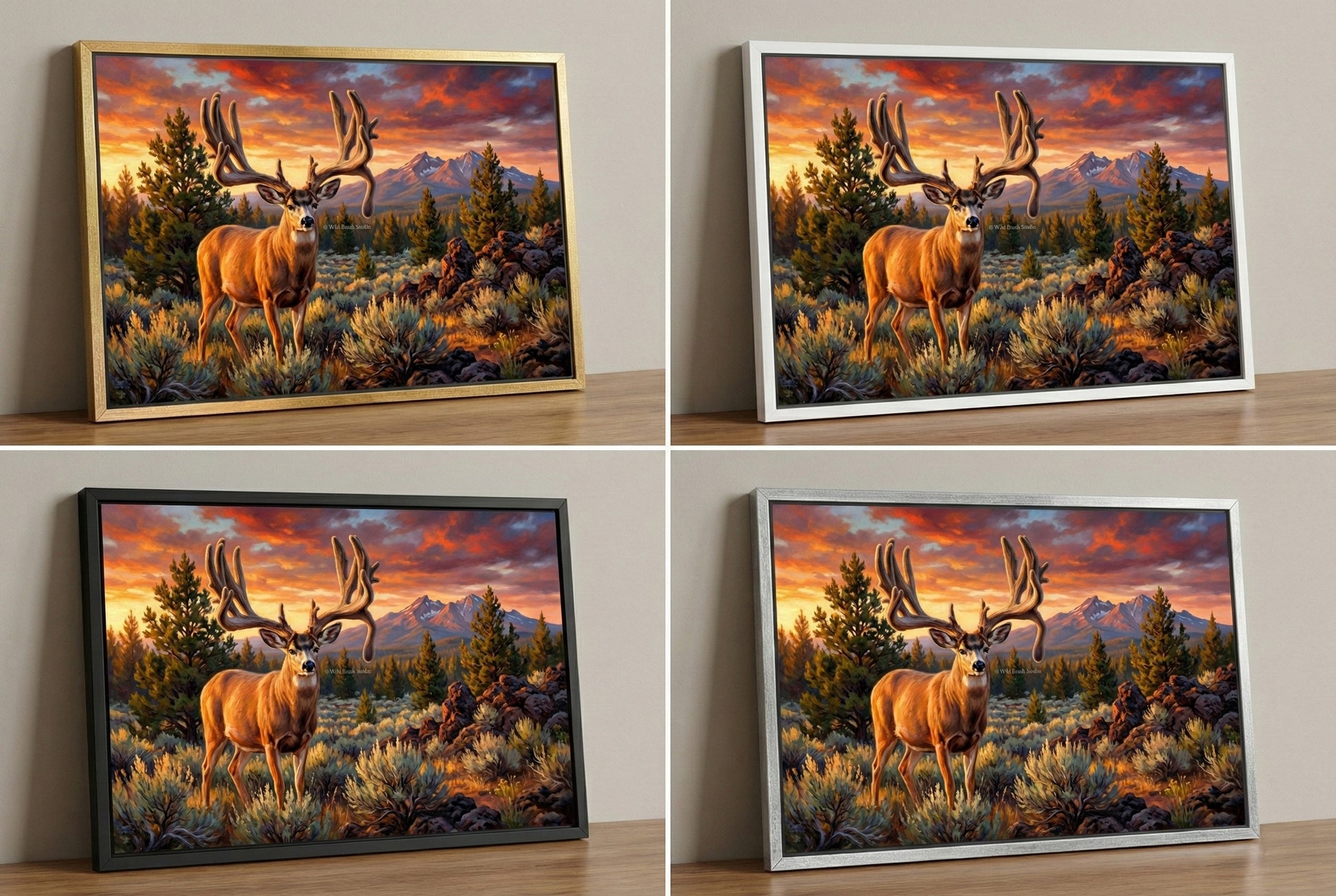 canvas big game artwork of the Buck Norris Buck mule deer in four frame colors