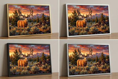 canvas big game artwork of the Buck Norris Buck mule deer in four frame colors