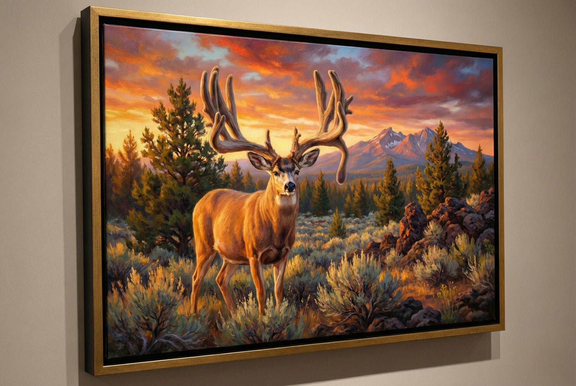 Gold floating framed canvas trophy room art of the famous Buck Norris Bend Oregon buck