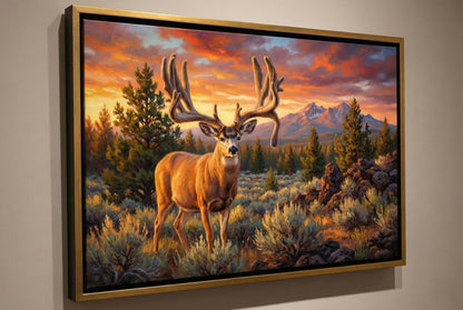 Gold floating framed canvas trophy room art of the famous Buck Norris Bend Oregon buck