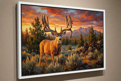 White floating framed canvas art of the Buck Norris Buck for modern hunting home decor