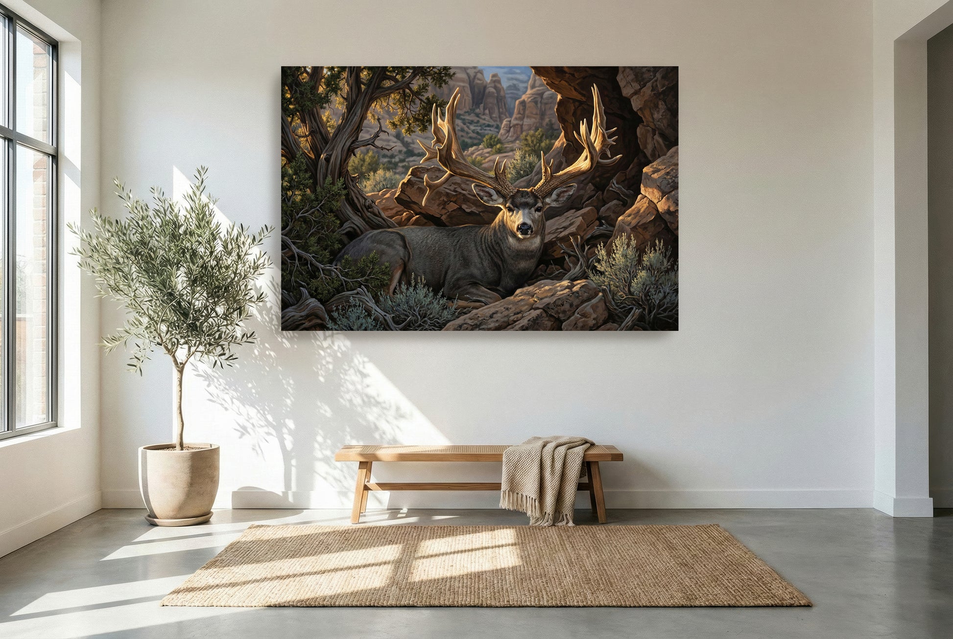 gallery wrapped canvas wildlife wall art of the famous buck of justice bedded in hidden pocket epic light