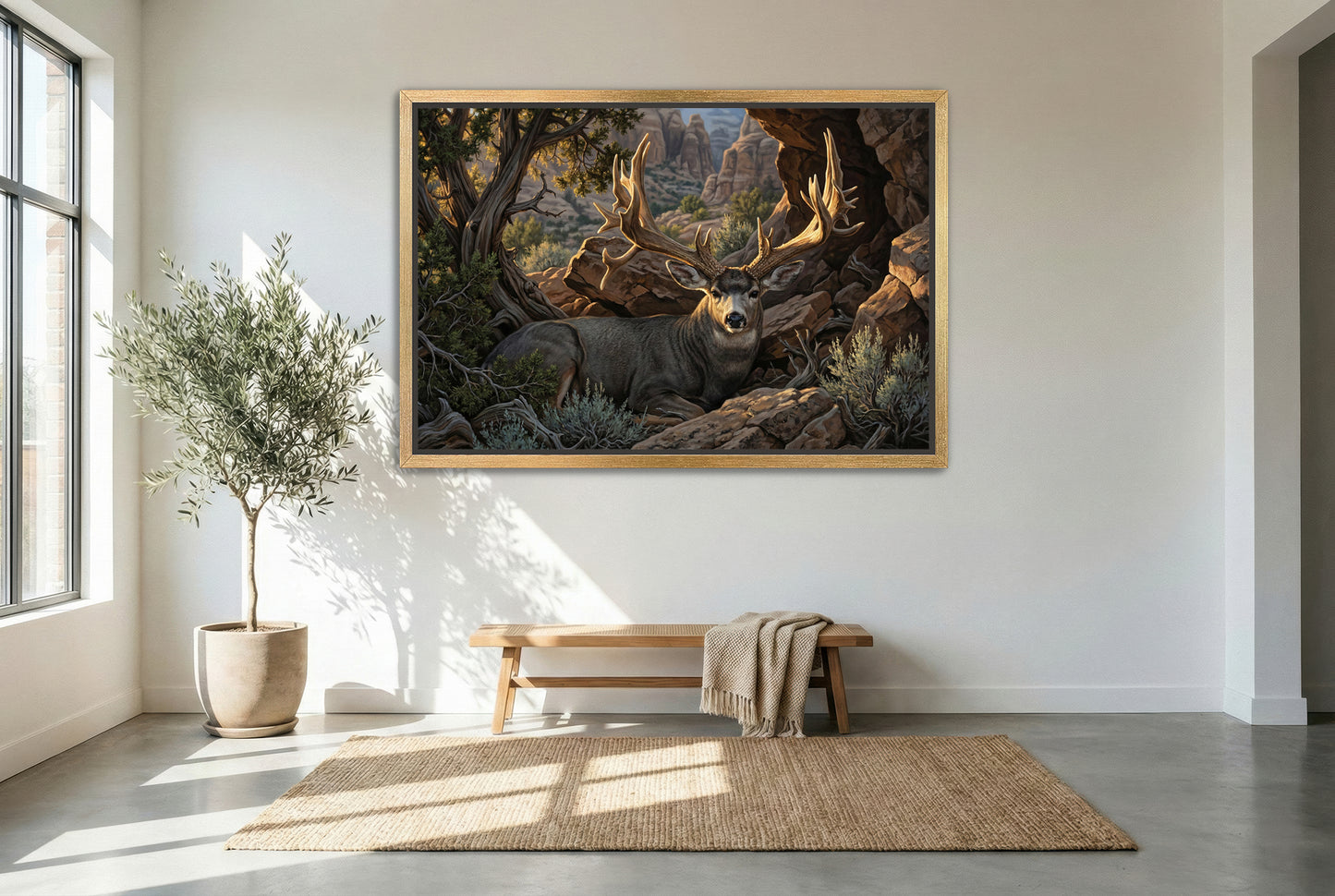 gold floating framed canvas trophy room art of the famous buck of justice bedded in hidden pocket epic light