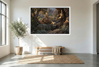 white floating framed canvas art of the buck of justice bedded in hidden pocket epic light