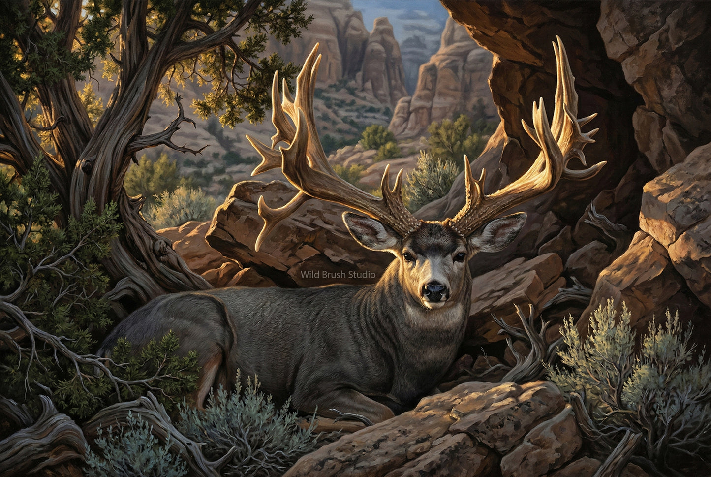 buck of justice bedded in hidden pocket epic light oil painting paper art print