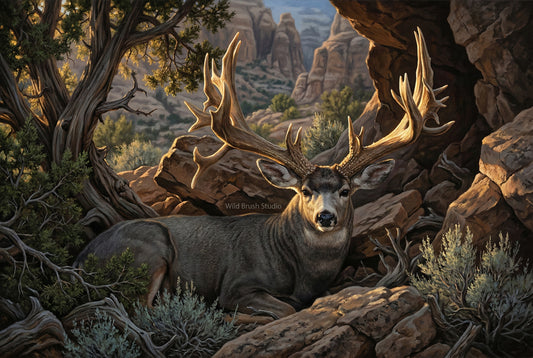 buck of justice bedded in hidden pocket epic light oil painting paper art print