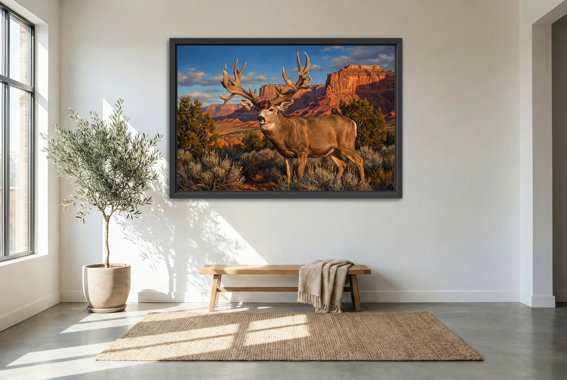 black floating framed canvas print featuring the buck of justice emerging form the shadows in the desert landscape of utah