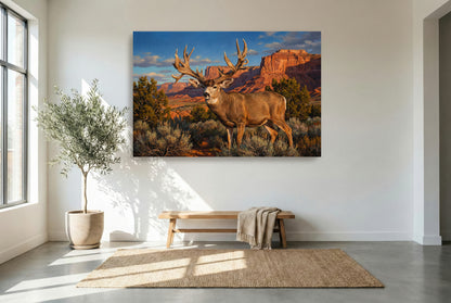 gallery wrapped canvas wildlife wall art of the buck of justice emerging form the shadows in the desert landscape of utah