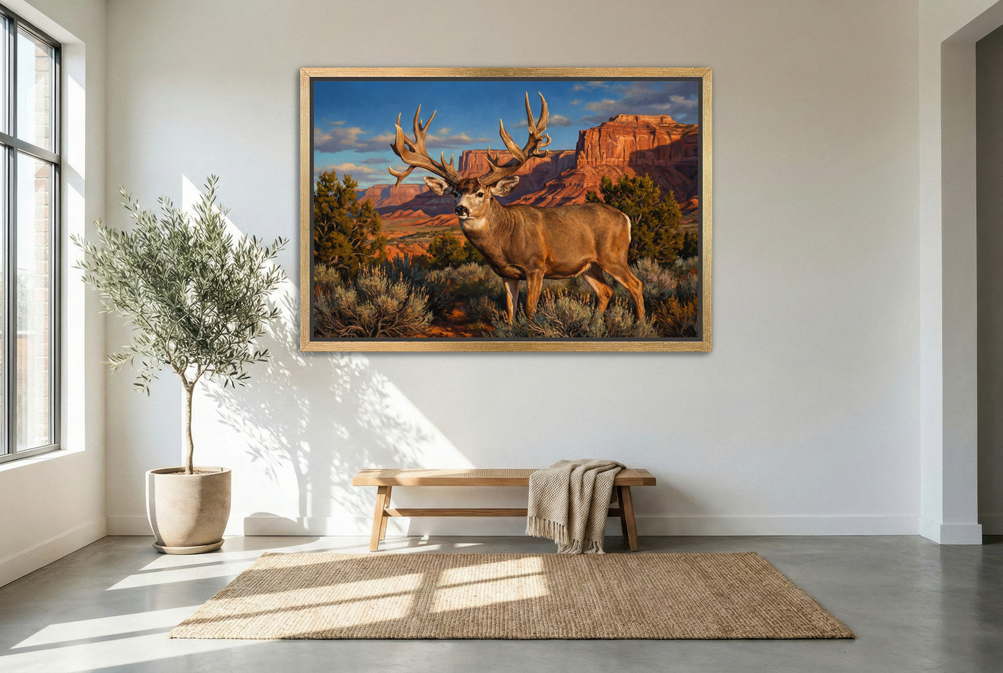 gold floating framed canvas trophy room art of the buck of justice emerging form the shadows in the desert landscape of utah