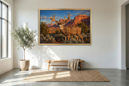 gold floating framed canvas trophy room art of the buck of justice emerging form the shadows in the desert landscape of utah