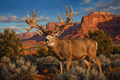 the buck of justice emerges form the shadows in the desert landscape of utah oil painting paper art print