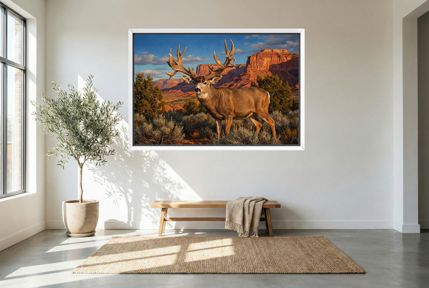 white floating framed canvas art of the buck of justice emerging form the shadows in the desert landscape of utah