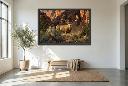 black floating framed canvas print featuring the legendary buck of justice hard horned from utah