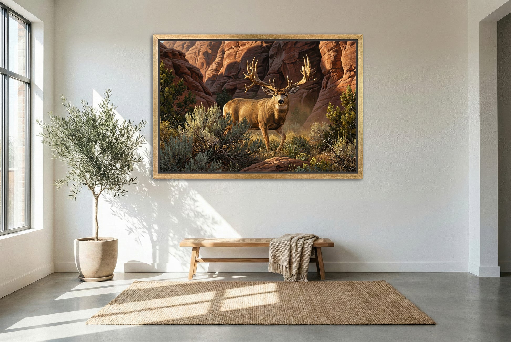 gold floating framed canvas big game artwork of the buck of justice mule deer hard horned