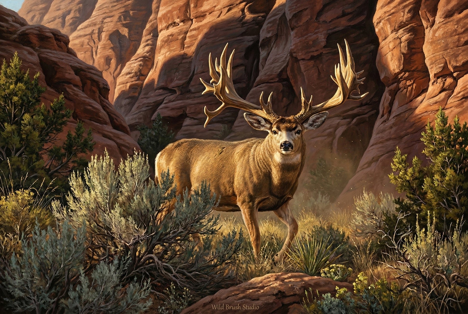 buck of justice hard horned mule deer oil painting art print