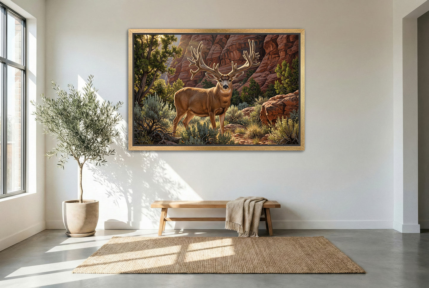 gold floating framed canvas trophy room art of the famous buck of justice
