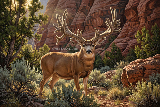 buck of justice mule deer oil painting art print