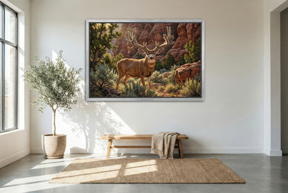 silver floating framed canvas big game artwork of the buck of justice mule deer