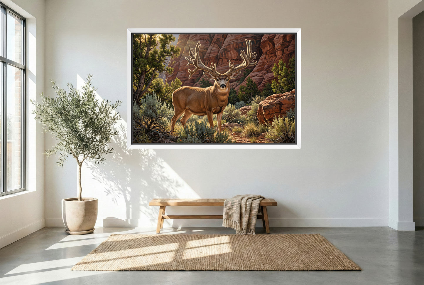 white floating framed canvas art of the buck of justice for modern hunting home decor