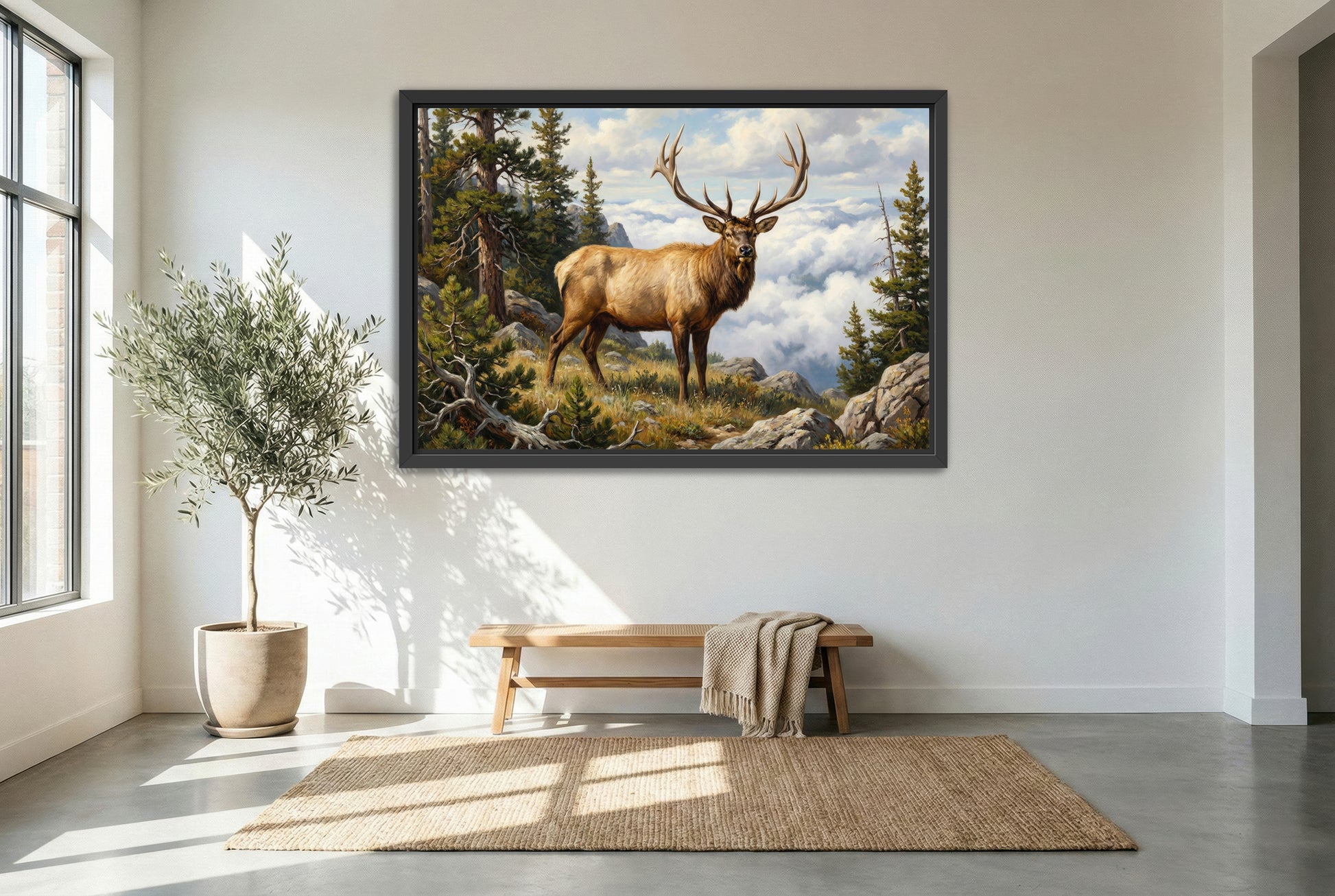black floating framed canvas print featuring a big bull elk above timberline clouds