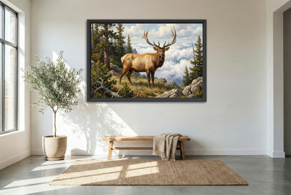 black floating framed canvas print featuring a big bull elk above timberline clouds