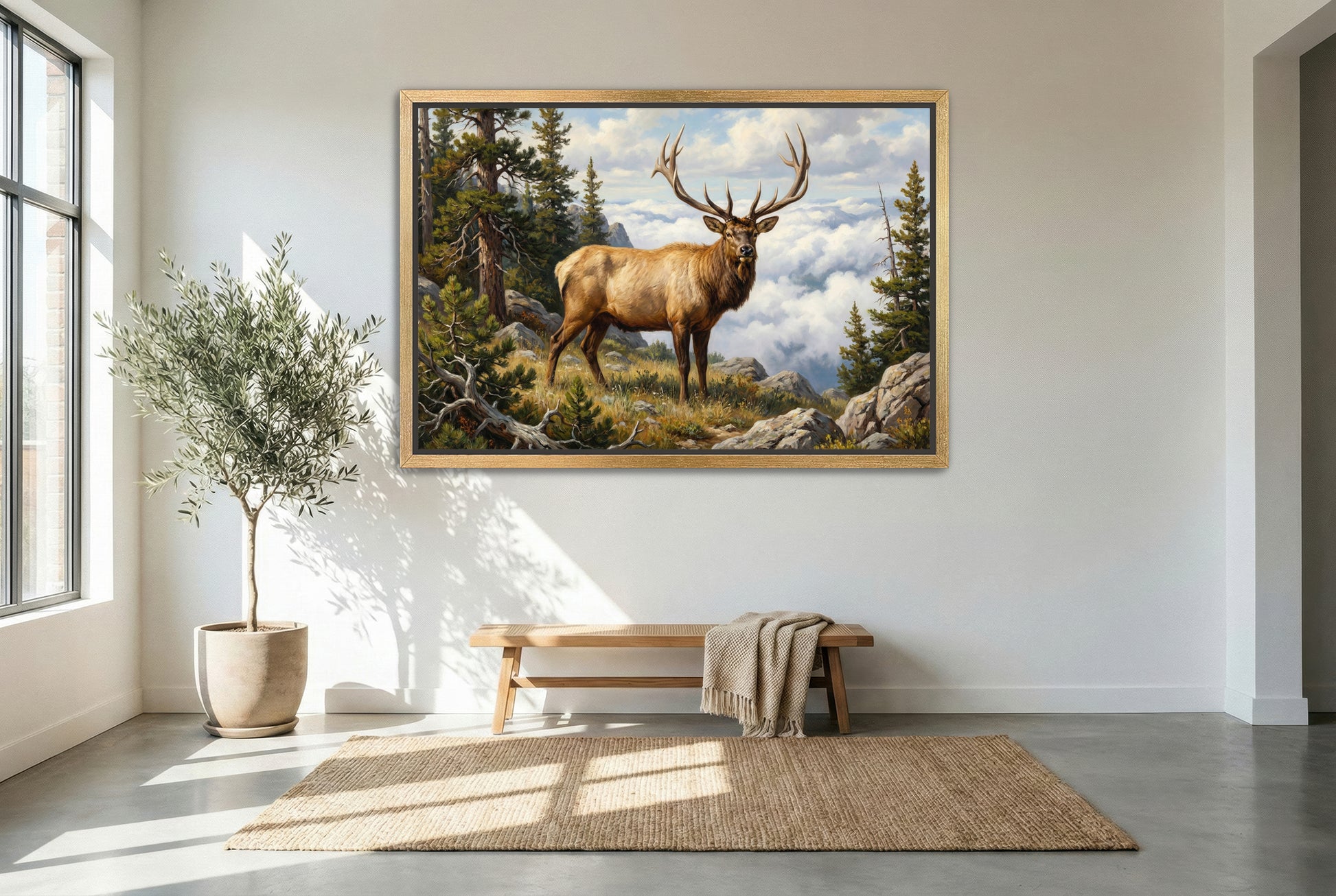 gold floating framed canvas trophy room art of a big bull elk above timberline clouds