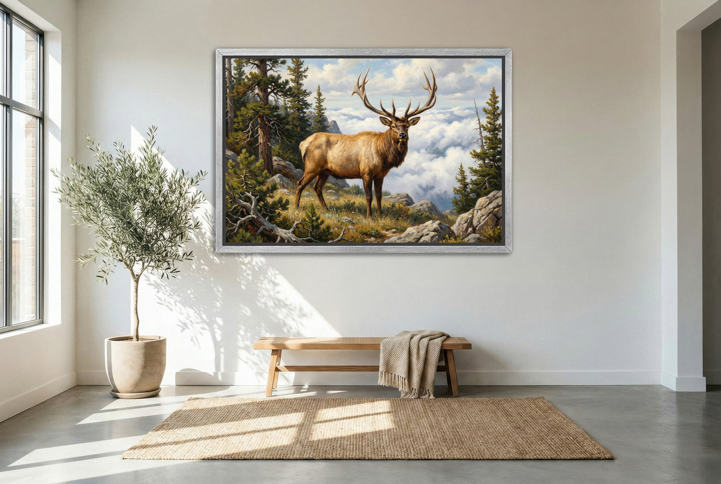silver floating framed canvas big game artwork of a big bull elk above timberline clouds