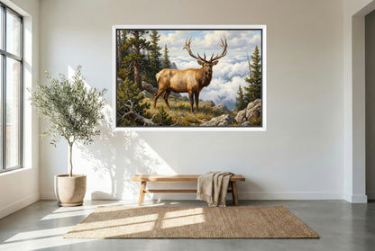 white floating framed canvas art of a big bull elk above timberline clouds