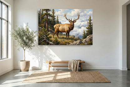 gallery wrapped canvas wildlife wall art of a big bull elk above timberline clouds