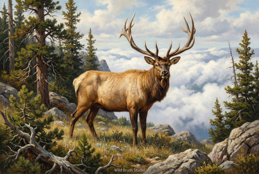 big bull elk above timberline clouds oil painting paper art print