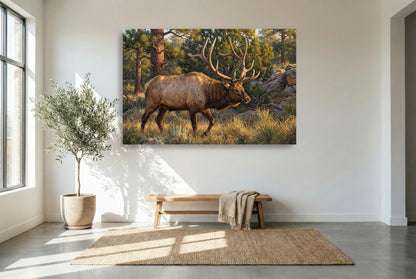 gallery wrapped canvas wildlife wall art of a bull elk on the move in the dark timber rut