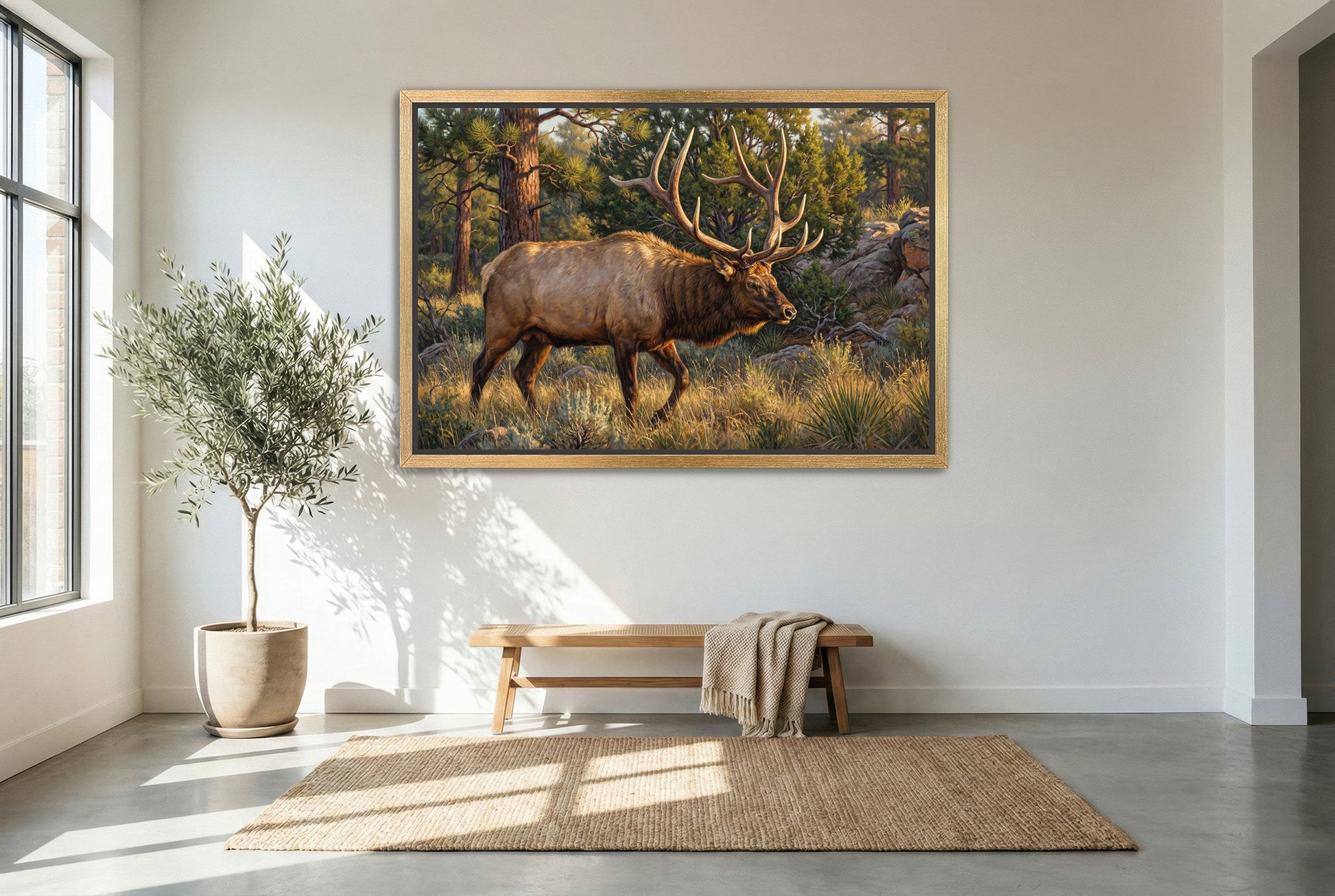 gold floating framed canvas trophy room art of a bull elk on the move in the dark timber rut