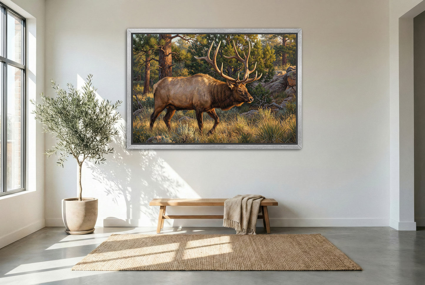 silver floating framed canvas big game artwork of a bull elk on the move in the dark timber rut