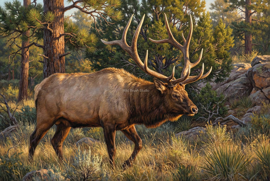bull elk on the move in the dark timber rut oil painting paper art print