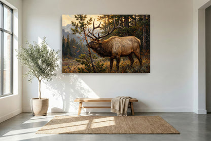 gallery wrapped canvas wildlife wall art of a bull elk keeping raking a small pinyon pine juniper tree during the rut in september 