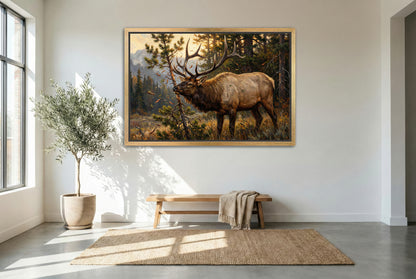 gold floating framed canvas trophy room art of a bull elk keeping raking a small pinyon pine juniper tree during the rut in september