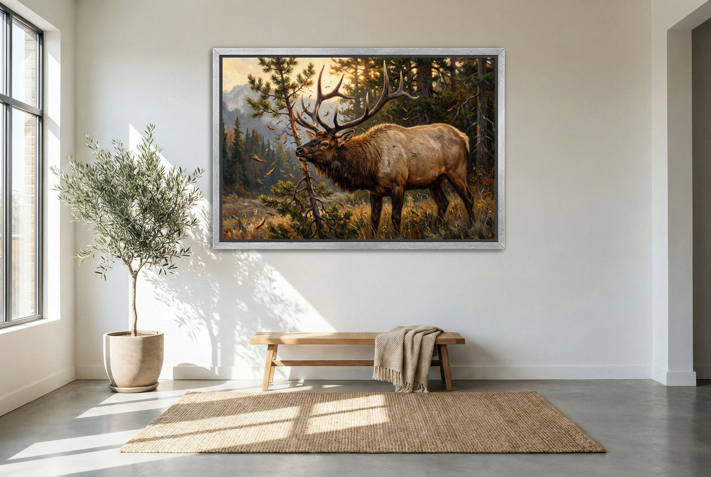 silver floating framed canvas big game artwork of a bull elk keeping raking a small pinyon pine juniper tree during the rut in september 