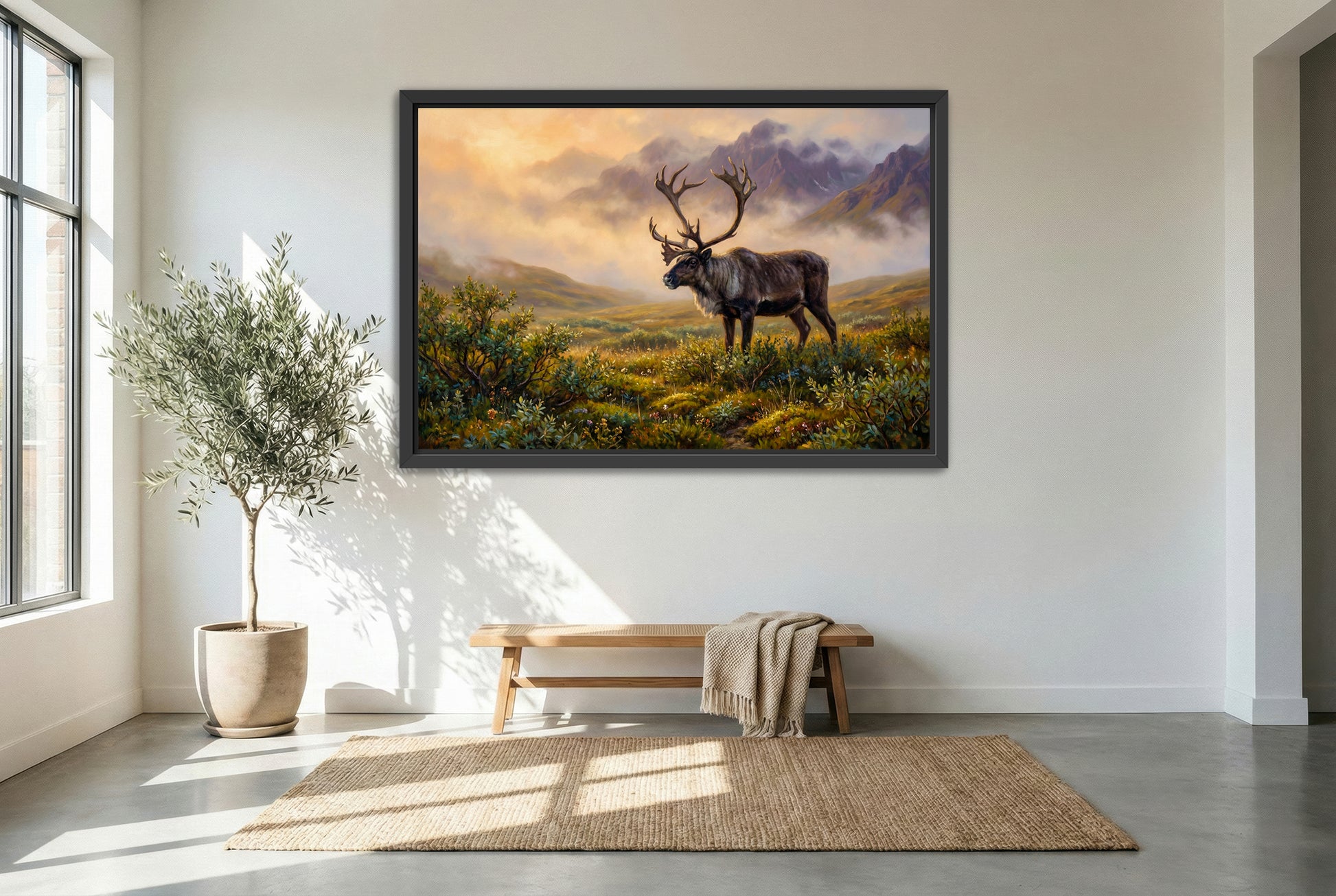 black floating framed canvas print featuring a caribou bull alaskan tundra