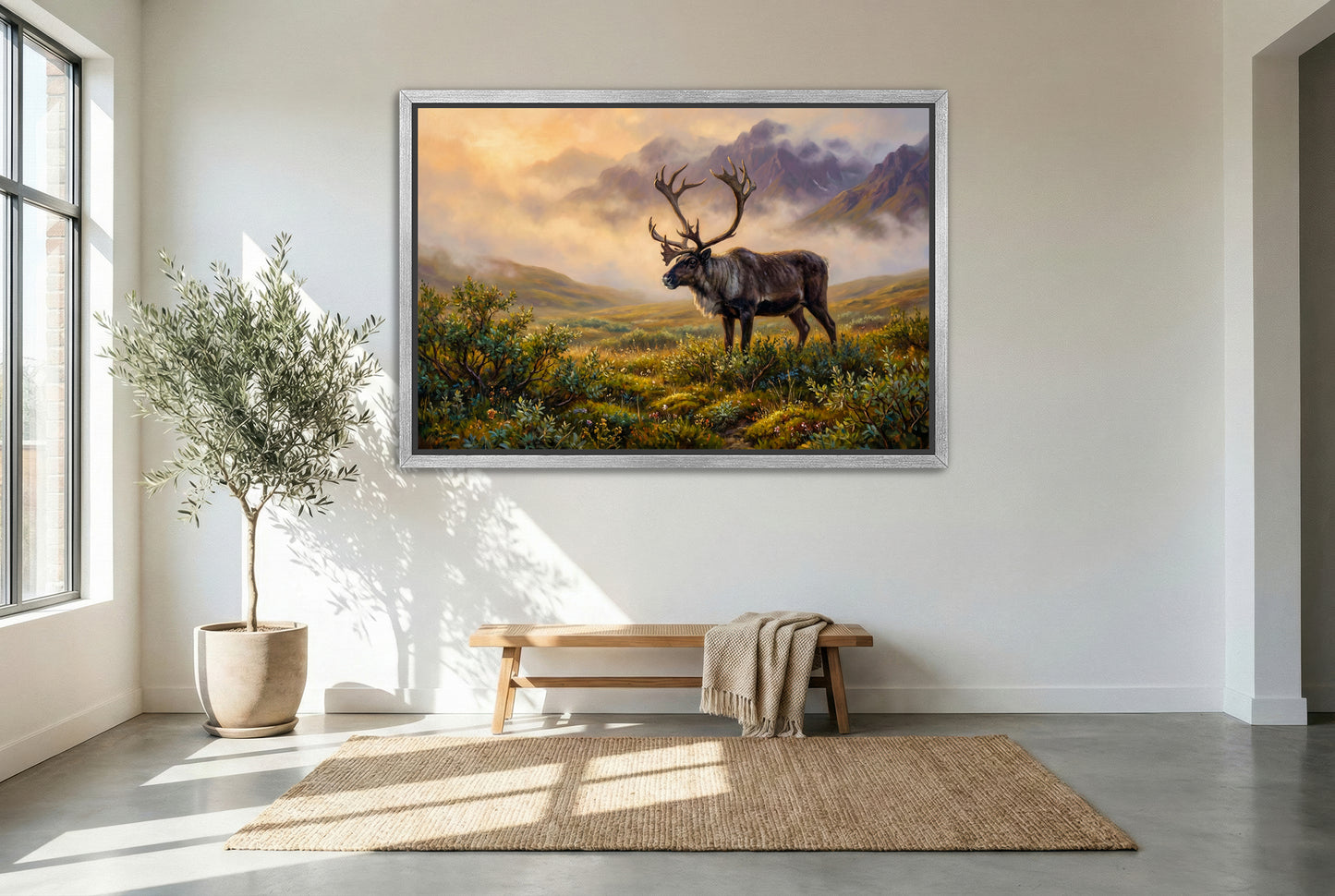 silver floating framed canvas big game artwork of a caribou bull alaskan tundra