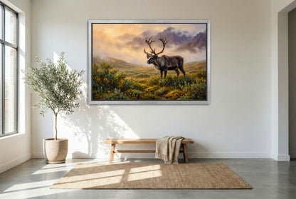 silver floating framed canvas big game artwork of a caribou bull alaskan tundra