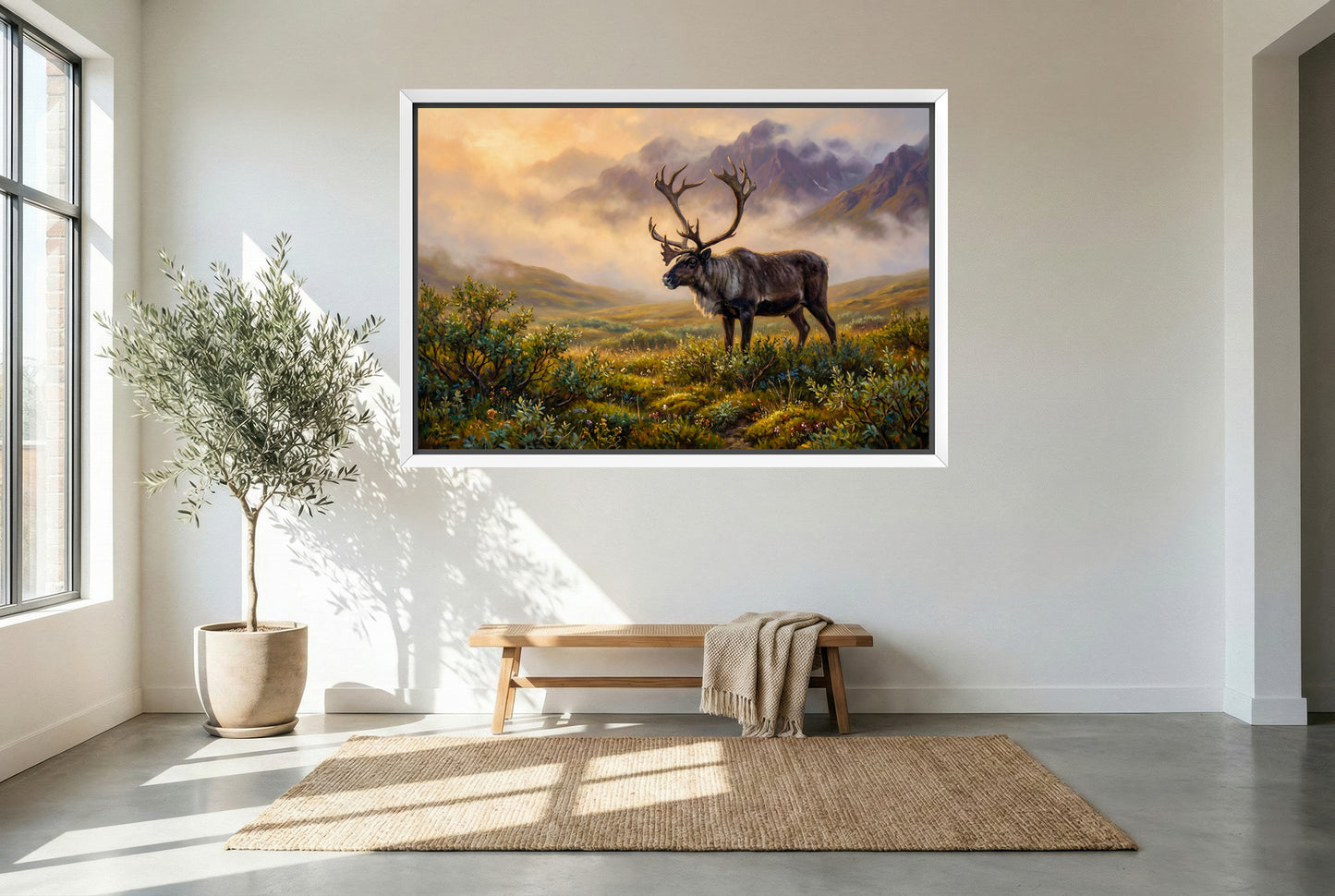 white floating framed canvas art of a caribou bull alaskan tundra