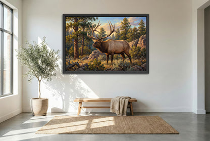 black floating framed canvas print featuring the clay heuett archery arizona bull elk
