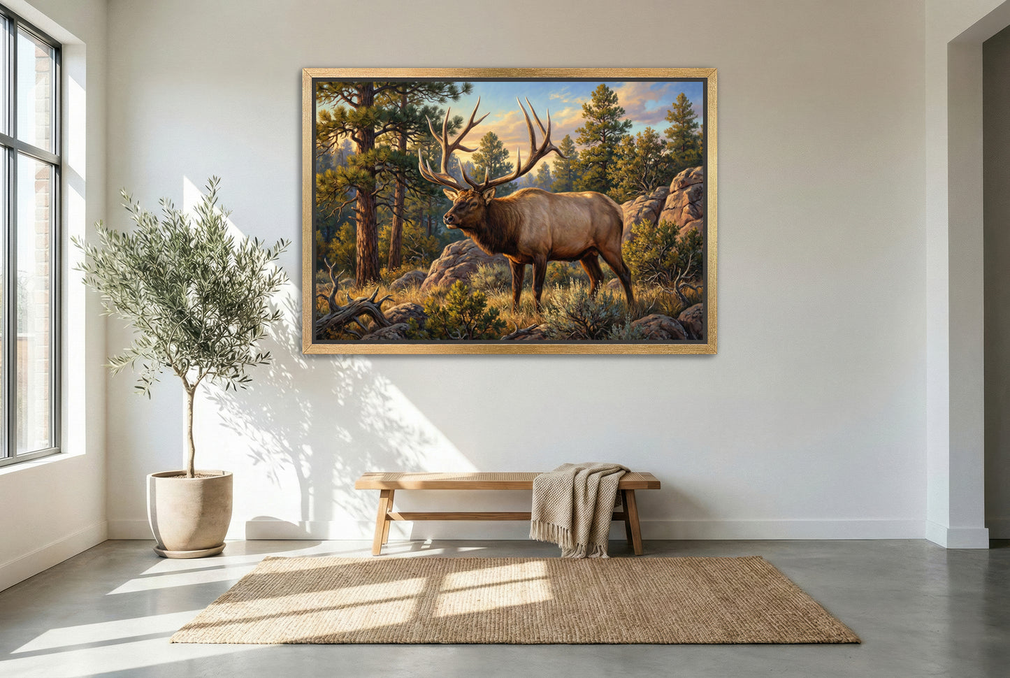 gold floating framed canvas trophy room art the clay heuett archery arizona bull elk