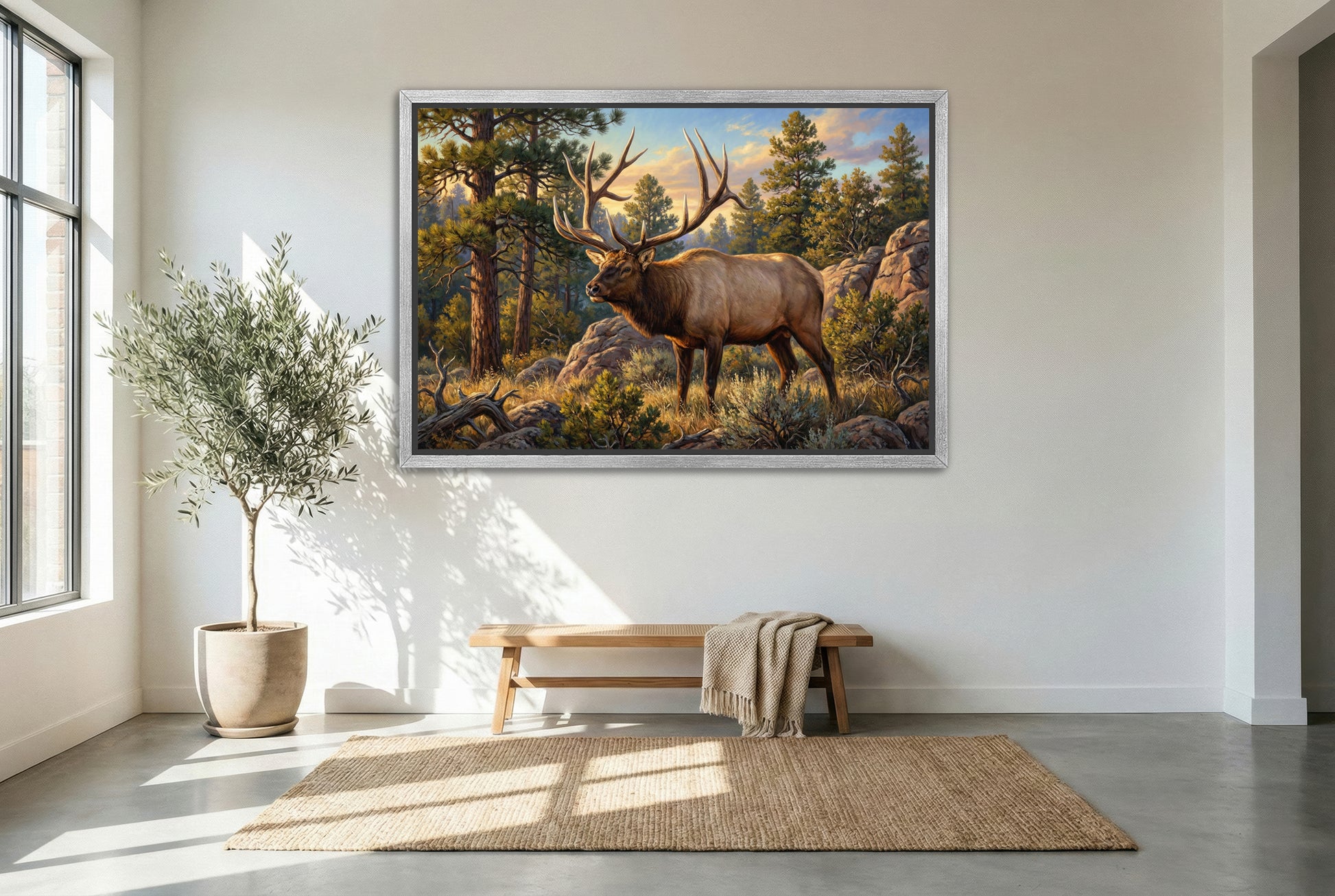 silver floating framed canvas big game artwork of the clay heuett archery arizona bull elk
