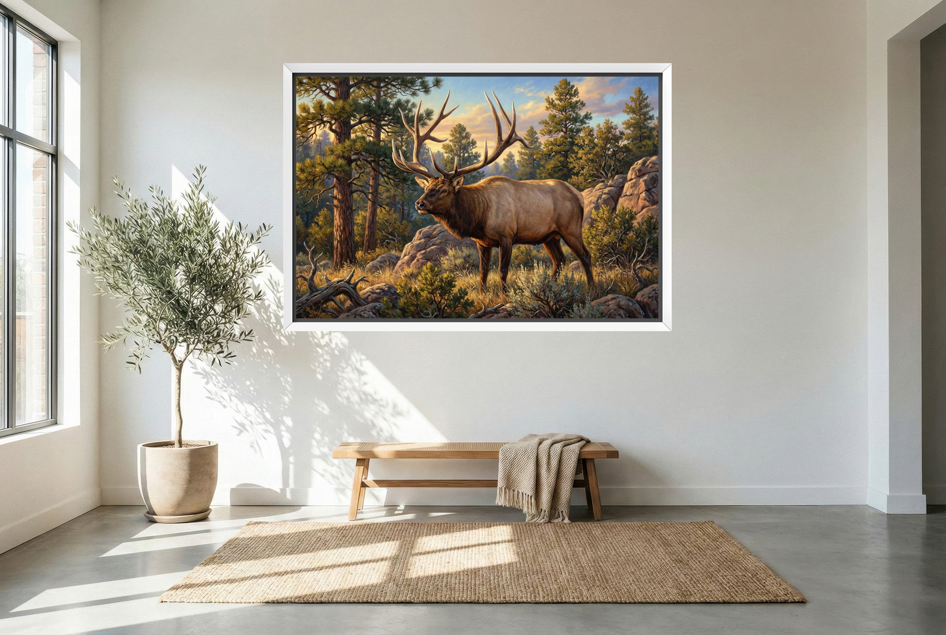 white floating framed canvas art of the clay heuett archery arizona bull elk