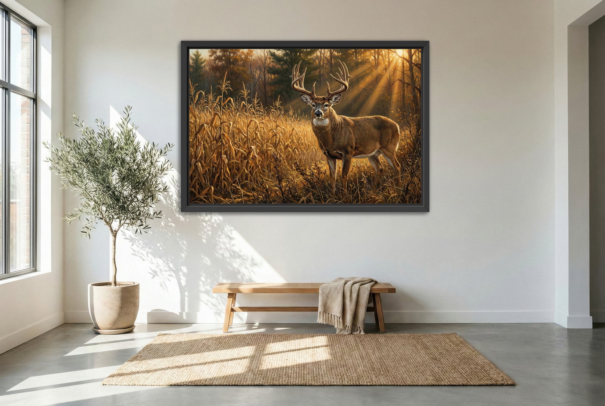 black floating framed canvas print featuring a corn field edge whitetail buck at golden hour